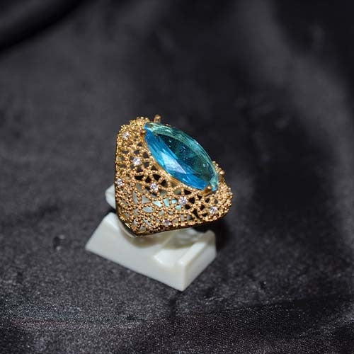 6 Carat Gold Plated Blue Topaz Pavé Marquise Ring