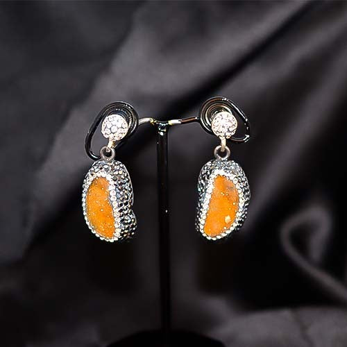 925 Sterling Silver Orange Druzy Crystal Dangle Earrings