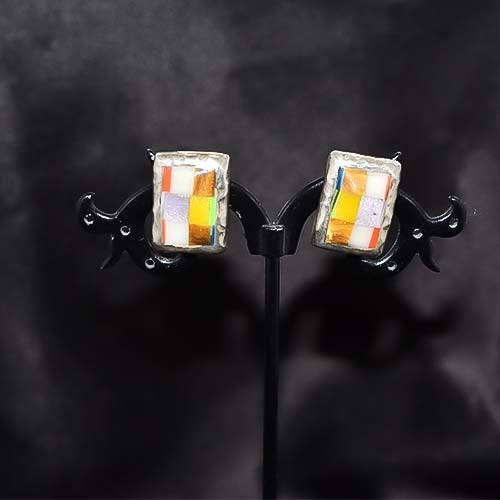 925 Sterling Silver Multi-Stone Inlay Rectangle Stud Earrings