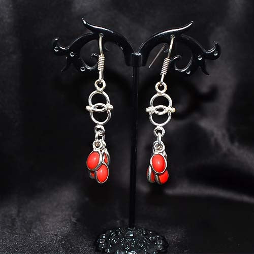 925 Sterling Silver Red Coral Cluster Drop Earrings