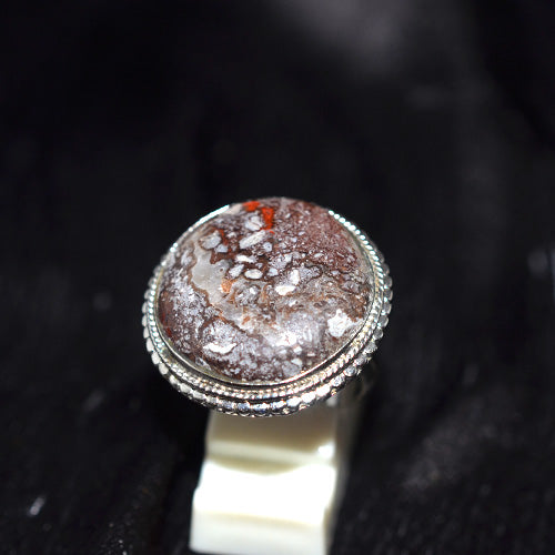 925 Sterling Silver Round Snowflake Jasper Ring with Beaded Setting
