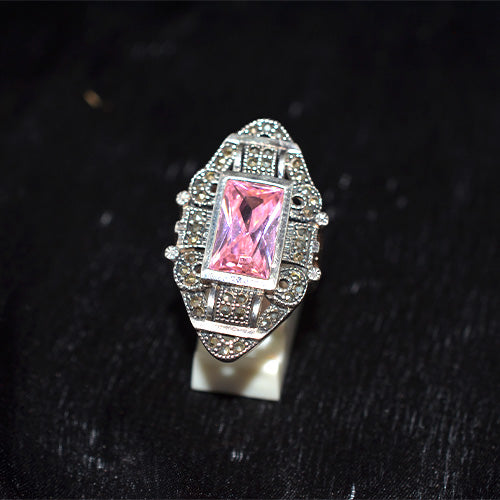 925 Sterling Silver Turkish Pink Crystal and Marcasite Art Deco Shield Ring