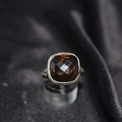 925 Sterling Silver Smoky Quartz Cushion Bezel Ring