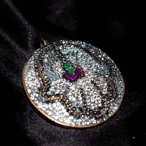 925 Sterling Silver Exotic Multi-Stone Glitter Disc Pendant