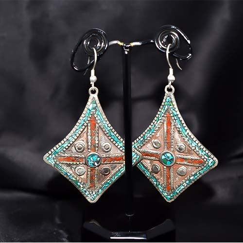 925 Sterling Silver Turquoise and Coral Mosaic Dangle Earrings