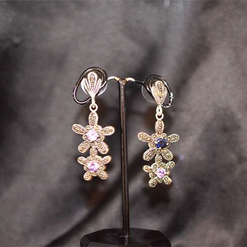 925 Sterling Silver Marcasite Asymmetrical Flower Drop Earrings