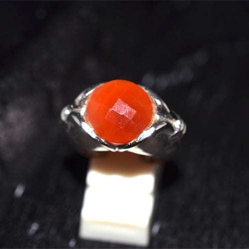 925 Sterling Silver Round Faceted Carnelian Ring with Scroll Shoulders