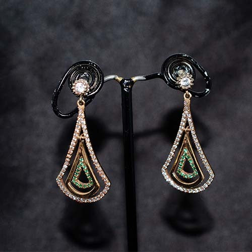 6 Carat Gold Plated Green and White Crystal Teardrop Dangle Earrings