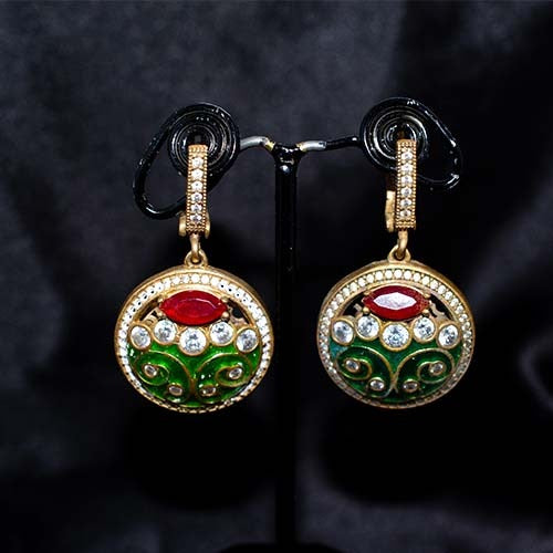 6 Carat Gold Plated Green Enamel with Red and White Crystal Drop Earrings