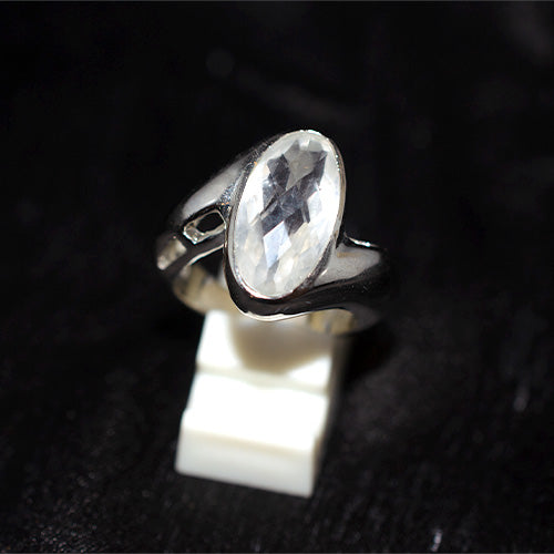 925 Sterling Silver Oval Faceted Clear Quartz Wide Bezel Ring