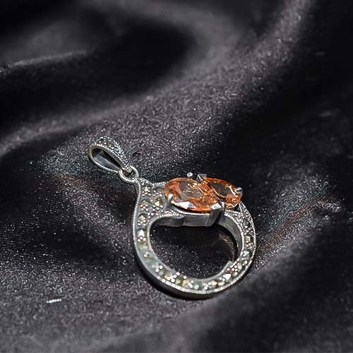 925 Sterling Silver Peach Morganite Marcasite Loop Pendant