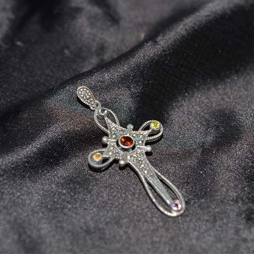925 Sterling Silver Multicolor Gemstone Filigree Cross Pendant