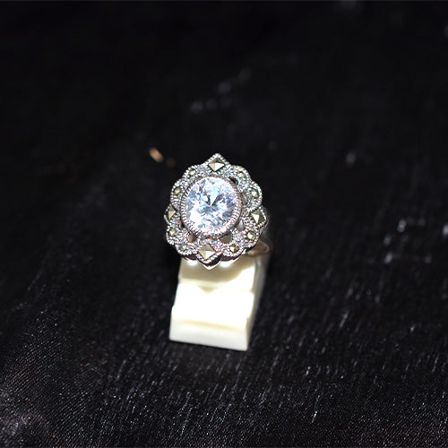 925 Sterling Silver Turkish Crystal and Marcasite Scalloped Halo Ring