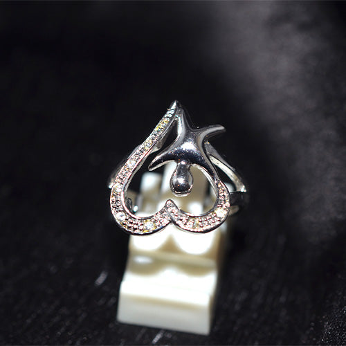 925 Sterling Silver Two-Tone Pave Heart and Star Motif Ring