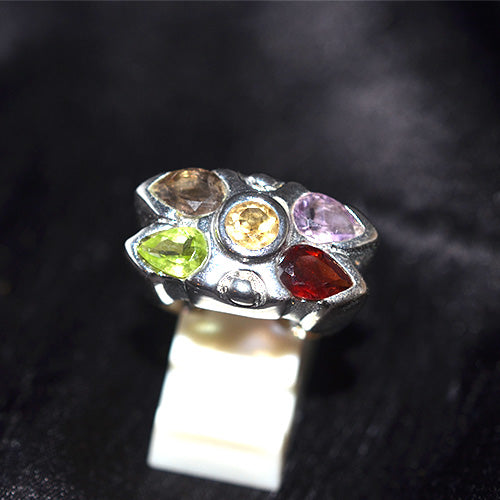 925 Sterling Silver Multi Gemstone Abstract Cluster Ring