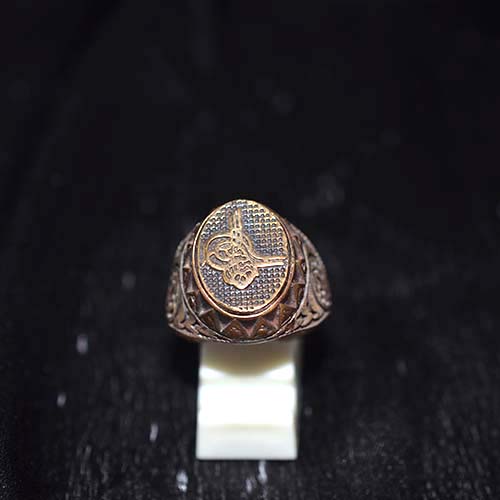 925 Sterling Silver Two-Tone Ottoman Tughra Signet Ring with Triangular Pattern Bezel