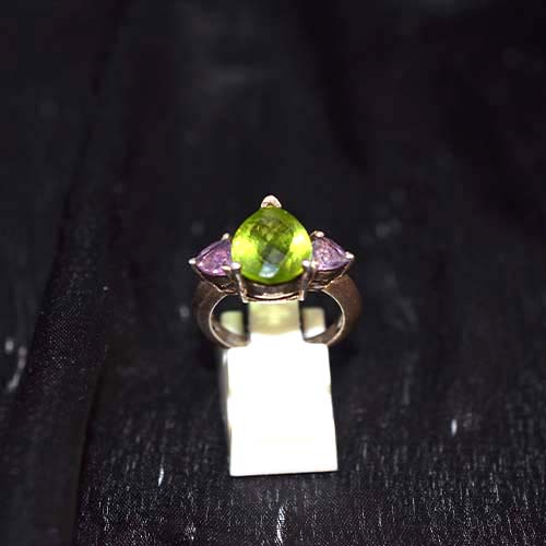 925 Sterling Silver Peridot and Amethyst Teardrop Ring