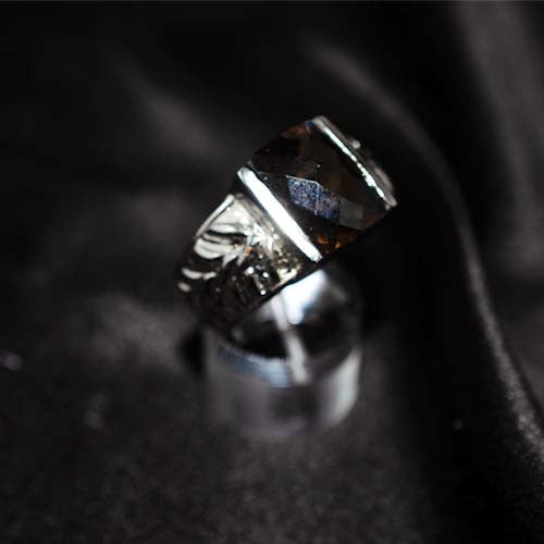 925 Sterling Silver Smoky Quartz Ornate Carved Ring