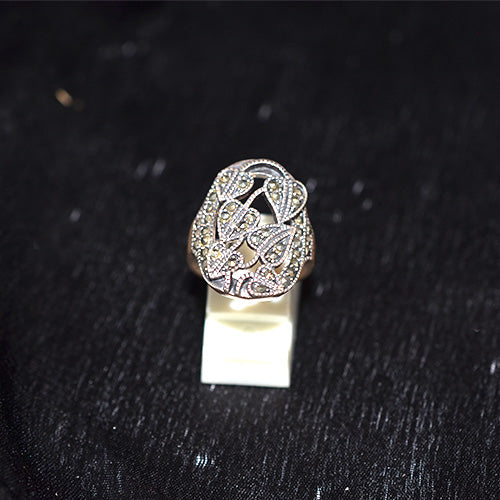925 Sterling Silver Turkish Marcasite Filigree Heart Motif Shield Ring