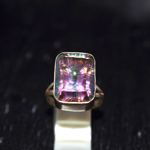925 Sterling Silver Emerald Cut Mystic Topaz V-Shank Ring