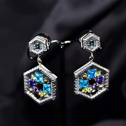 925 Sterling Silver Geometric Multicolor Cz Drop Earrings