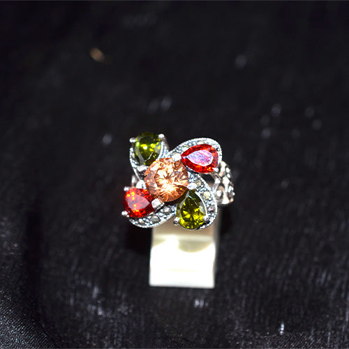 925 Sterling Silver Turkish Multi-Gemstone and Marcasite Clover Ring with Filigree Shank