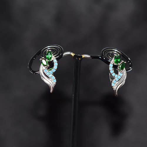 925 Sterling Silver Green and Blue Leaf Motif Stud Earrings