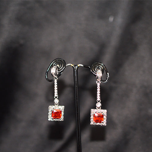 925 Sterling Silver Square Red Gemstone Halo Drop Earrings