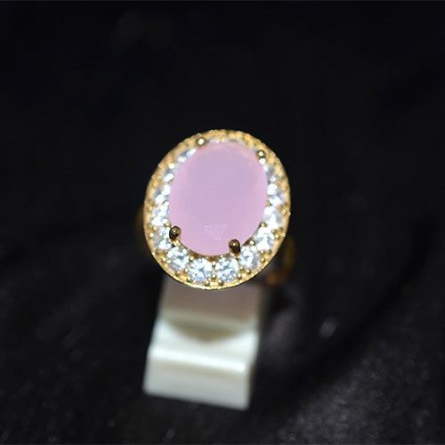 6 Carat Gold Plated Turkish Pink Onyx Halo CZ Ring