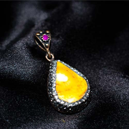 925 Sterling Silver Amber Marcasite Teardrop Pendant