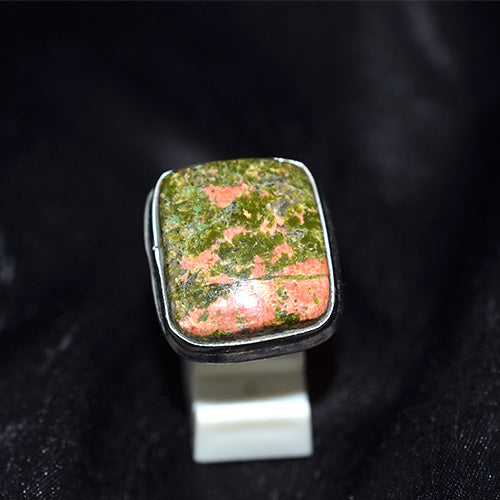 925 Sterling Silver Unakite Cushion Cut Ring
