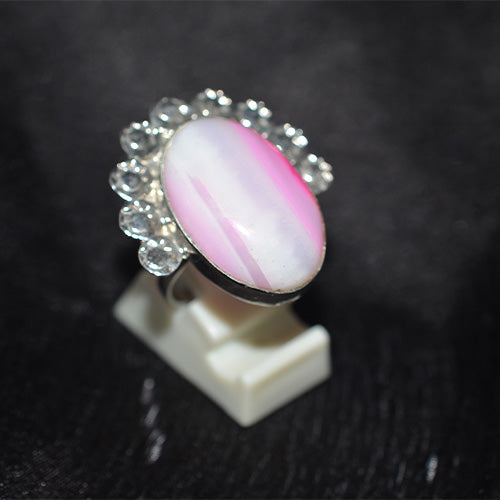 925 Sterling Silver Banded Pink Agate Ring with Fan Setting