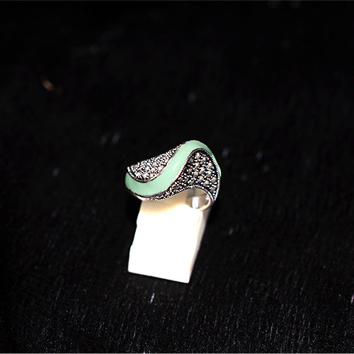 925 Sterling Silver Turkish Marcasite and Mint Green Enamel Wave Ring