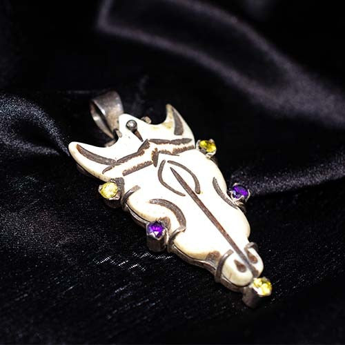 925 Sterling Silver Amethyst Citrine Carved Ivory-Look Animal Head Pendant