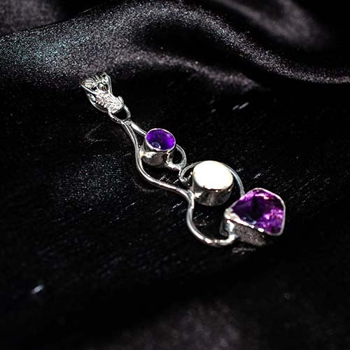 925 Sterling Silver Amethyst and Moonstone Curved Vine Pendant