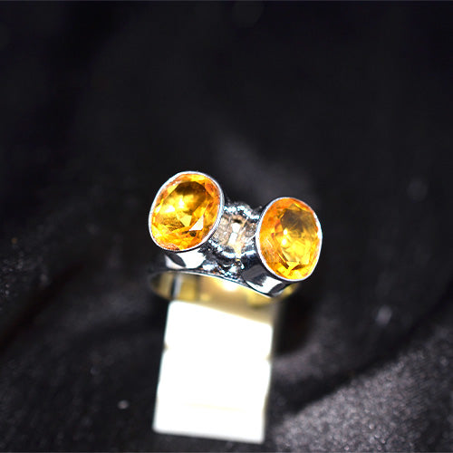 925 Sterling Silver Turkish Citrine Double Stone Bypass Ring