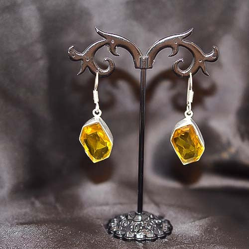 925 Sterling Silver Yellow Crystal Geometric Drop Earrings