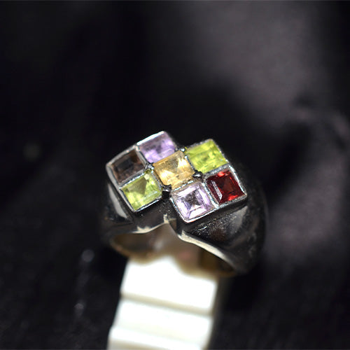 925 Sterling Silver Multi Gemstone Mosaic Dome Ring