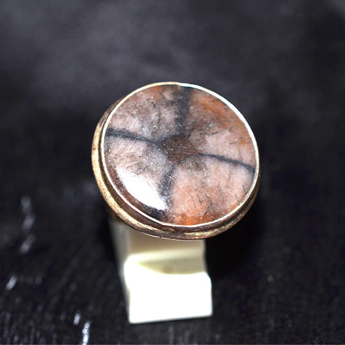 925 Sterling Silver Round Chiastolite Cross Stone Ring