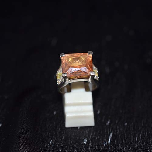 925 Sterling Silver Peach Gemstone Rectangle Ring with Accent Stones