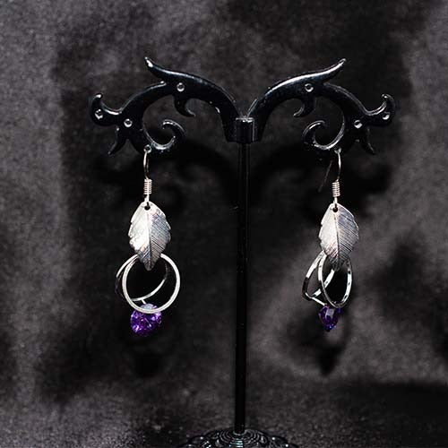 925 Sterling Silver Amethyst Leaf and Hoop Drop Earrings