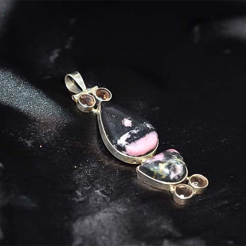 925 Sterling Silver Rhodonite and Smoky Quartz Double Pendant