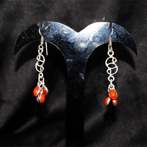 925 Sterling Silver Swirl Link Red Coral Cluster Drop Earrings