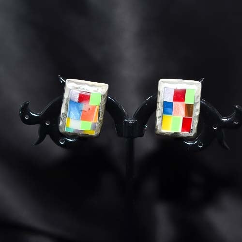 925 Sterling Silver Multicolor Mosaic Stud Earrings