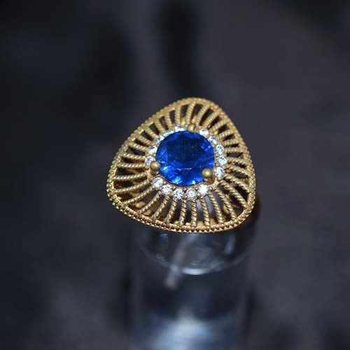 6 Carat Gold Plated Blue Crystal Sunburst Statement Ring