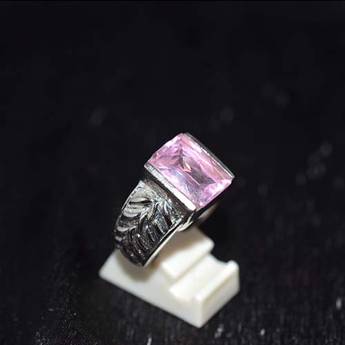 925 Sterling Silver Pink Cubic Zirconia Engraved Band Ring