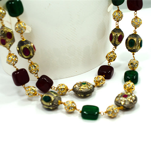 6 Carat Gold Plated Green and Maroon Gemstone Beaded Necklace