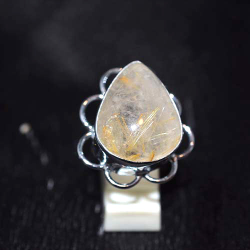 925 Sterling Silver Pear-Shaped Rutilated Quartz Scalloped Ring