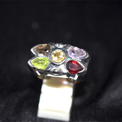 925 Sterling Silver Asymmetrical Multi Gemstone Cluster Ring