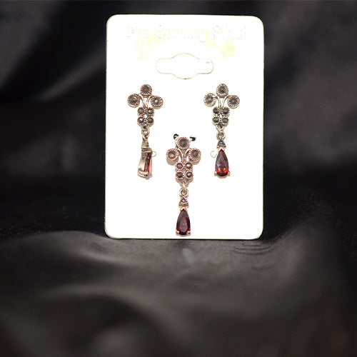 925 Sterling Silver Asymmetrical Marcasite Garnet Floral Pendant and Earring Set